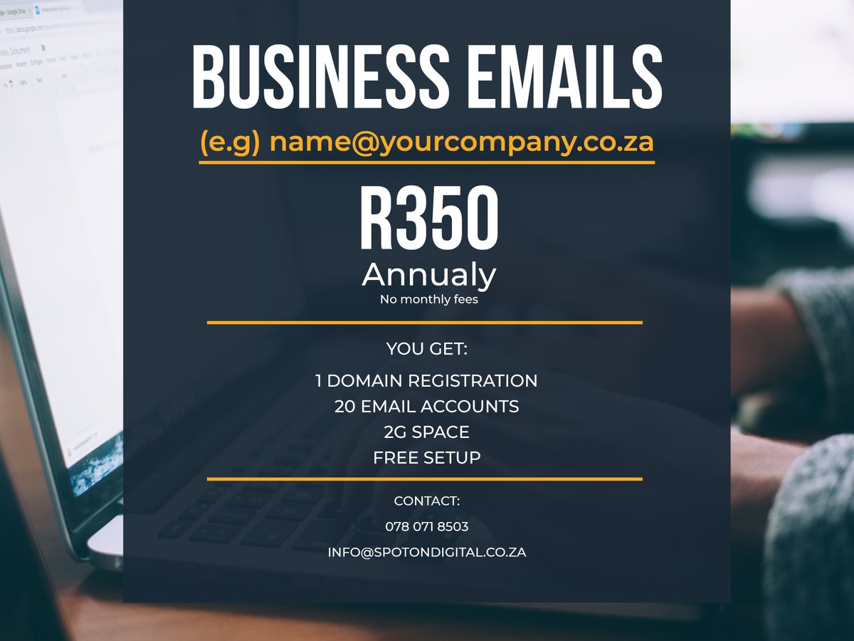 SpotOnDigitalZA's tweet photo. Need a Business email? 
(e.g) name@yourcompany.co.za
For more info Inbox or Call: 0780718503
Email: info@spotondigital.co.za
#email #pirates #Zola7 #Lorch #UEFA https://t.co/aruBARX4NJ
