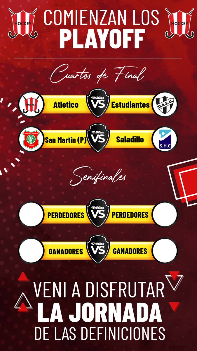HockeyAtleti9dj's tweet photo. Este Domingo, se vienen los Playoff!

En este caso, Cuartos de Final, y posteriormente, Semifinales.

📍Cancha Hockey Atletico 9DJ
⌛Inicio 10:30am - Domingo 13
🍔 GRAN Servicio de Cantina https://t.co/ph9VyPqicv