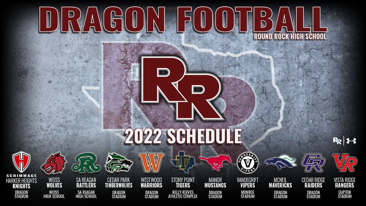 Excited to announce our 2022 Dragon Football Schedule!! Go Rock!! Details ⬇️

Harker Heights (Scrimmage):🛡️
Weiss:🐺
SA Reagan:🐍
Cedar Park:🐺
Westwood:🏹
Stony Point:🐯
Manor:🐴
Vandegrift:🐍
McNeil:🐴
Cedar Ridge:⚔️
Vista Ridge:🤠

#BREAL #BROTHERHOOD