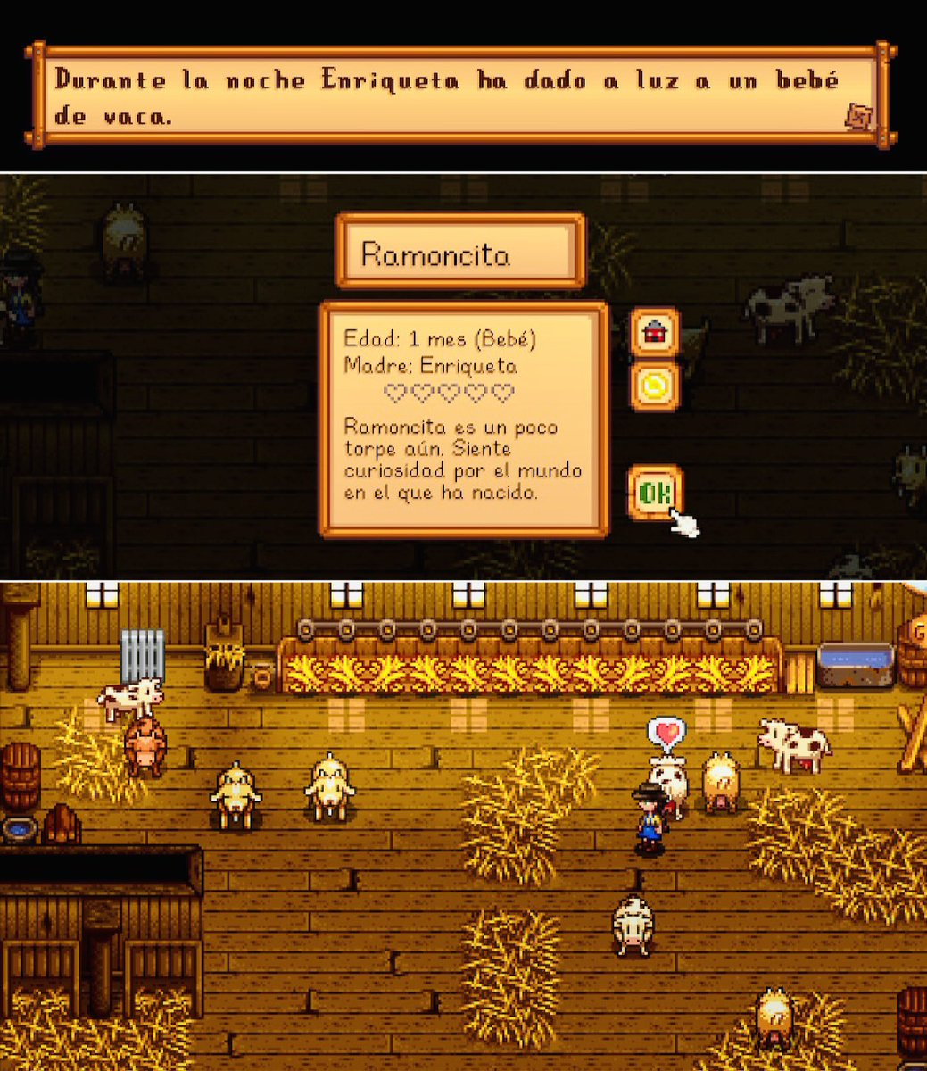 LunaMariaACNH's tweet photo. Ayy esta noche hemos estado de parto 🥰 Veis a la vaca bebita? 😍 Por cierto, me encanta ponerme a los animales de mi granjita "nombres de personas" jajjajajahhaha 🥴 #StardewValley :) https://t.co/kQQQDHTN0U
