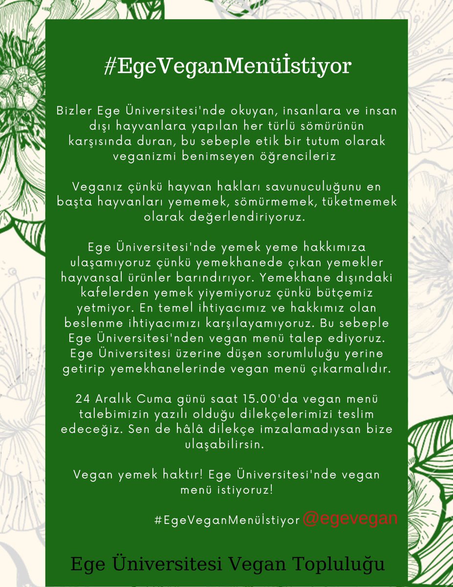 anonimaktivist's tweet photo. Vegan yemek haktır!

Bir kişinin talebi bile vegan yemek çıkarılması için yeterliyken tam 75 imza reddeden @UniversiteEge soruyoruz #egeveganlarıneyiyecek ?

#egevegan #egeveganmenüistiyor https://t.co/RkYmZE7jMC