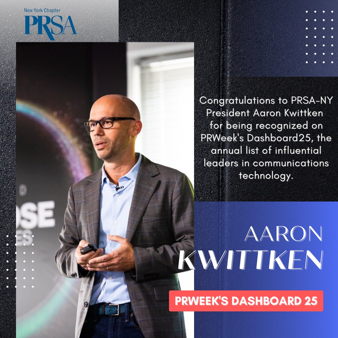 prsany's tweet photo. Congratulations to PRSA-NY President @AKwittken for being recognized on @prweek's Dashboard25, the annual list of influential leaders in communications technology.
Congratulations Aaron! #PRWeekDashboard25
Read Aaron's full feature here: https://t.co/G5yR4nMGNZ https://t.co/GjtqjVX6rE