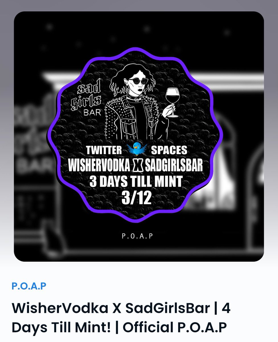 wishervodka's tweet photo. @wishervodka X @sad_girls_bar Partnership #twitterspace #poap #AMA #SpacesHost 

☮️ #Giveaway ☮️ 2x Early P.O.A.P  😳(must Join Space ) ⬇️

1️⃣ Follow @wishervodka @sad_girls_bar 
2️⃣ Like, Tag 5 + Wallet
3️⃣ Must Set Reminder/ Join + RT SPACE⬇️

https://t.co/eOjfbEO52P https://t.co/VbcAMPTOcW
