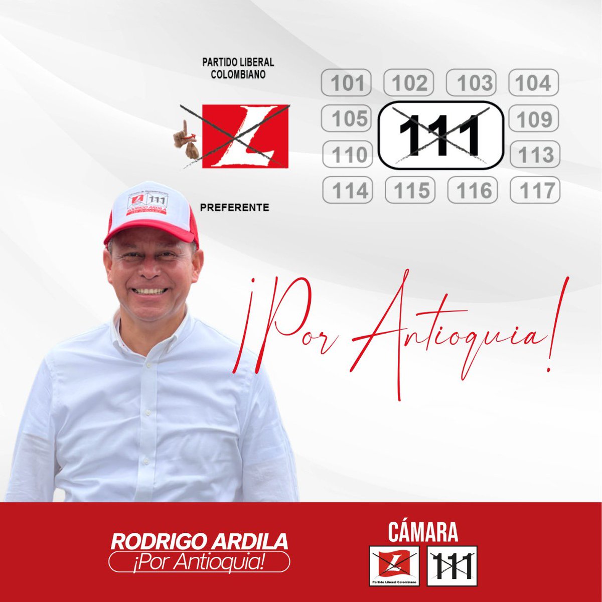 rodriardila's tweet photo. Te invitamos este 13 de marzo para que nos acompañes con tu voto 🗳🚩
Marcando una ❌ en el logo del partido liberal y el numeral 1️⃣1️⃣1️⃣.
#RodrigoArdilaporAntioquia
#partidoliberal
#L111 https://t.co/hNvjrskpr9
