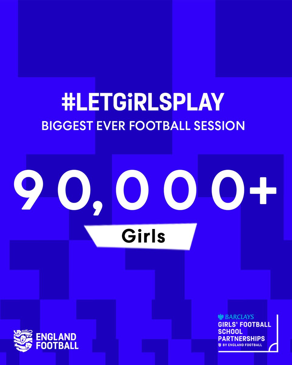 🥳⚽🥳
 
More than 9️⃣0️⃣,0️⃣0️⃣0️⃣ girls took part in the #LetGirlsPlay Biggest Ever Football Session today 👏
 
Massive thank you to everyone who got involved and are helping to make a difference for girls to play football 💙
 
#TakeYourChance