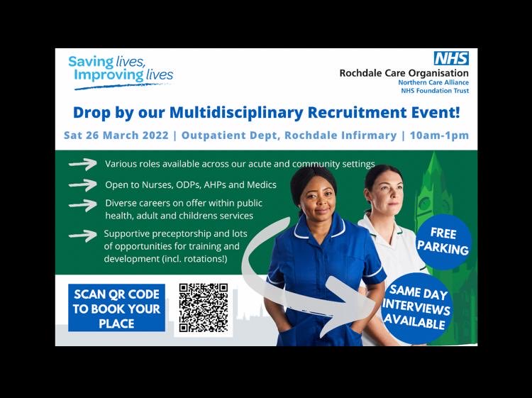 jencymillion's tweet photo. ❤️Community Nurses🧡Childrens Nurses💛Acute Nurses💚AHPs💙Medics come and join our fantastic teams at Rochdale Care Org- Don’t miss out on this fabulous opportunity 💜Recruitment Event - Sat 26 March 10am - 1pm Rochdale Infirmary Outpatients ❤️ https://t.co/tPUWfLROAV