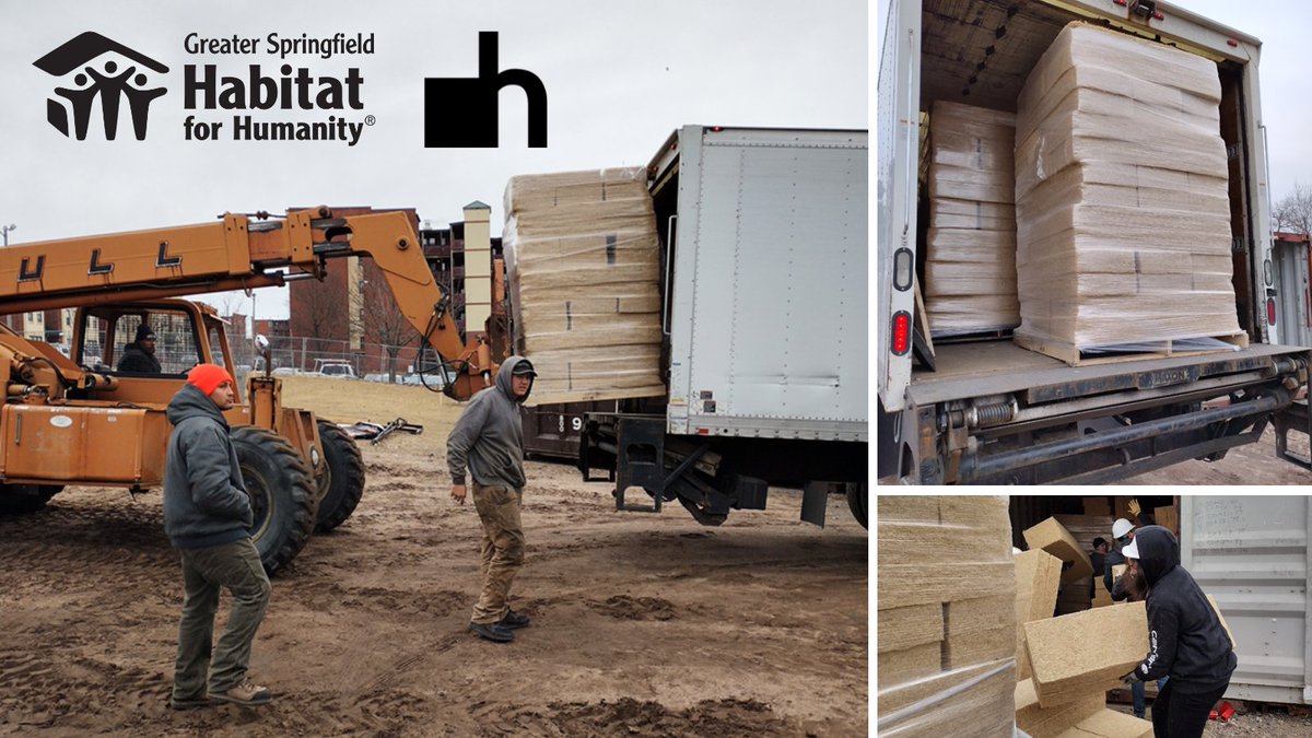 GSHFH's tweet photo. The delivery of Hempitecture #HempWool arrived today at our Holyoke build site. The insulation is plant-based, nontoxic, and sustainable. Thank you, Anna Maria College volunteers for helping us unload it. To see more pictures showing progress, go to https://t.co/eoS9jpmelV. https://t.co/H5veRUAw2y