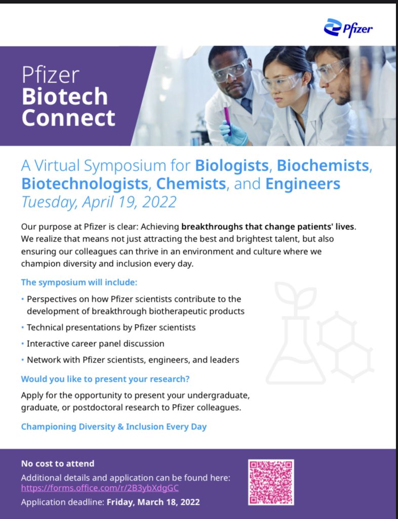 DGriffinBiochem's tweet photo. @HSISTEMhub Calling STEM majors. Come network with #Pfizer scientist &amp; engineers at Biotech Connect, April 19. Hope to see y’all there. 👩🏾‍🔬🧬🧫Apply https://t.co/5n21LzJc3y    #Pharma #DEI #PFEColleague https://t.co/i8ru8AOBVG