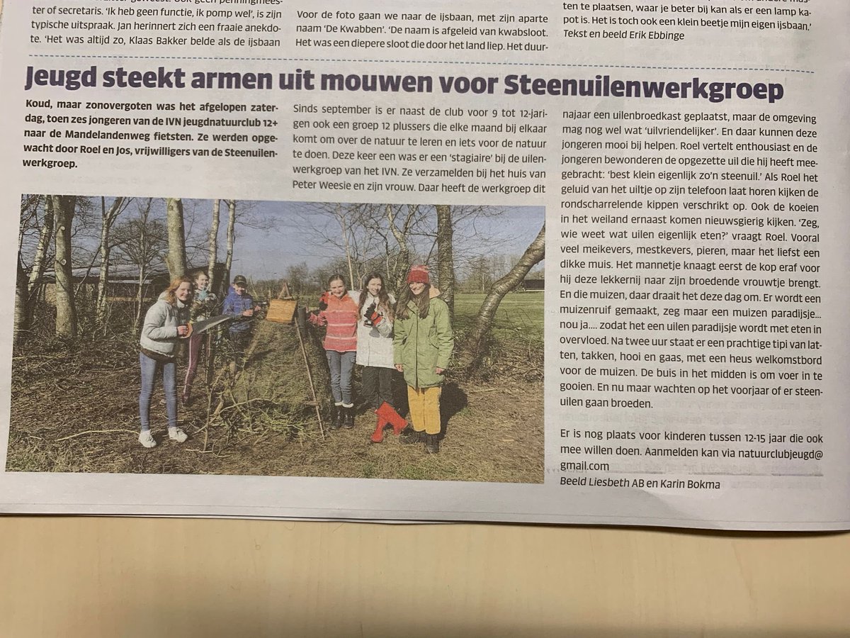 Superleuk stukje in onze plaatselijke krant de #dorpsklanken. Was echt super om te doen. Samen met <a href="/Schoffel11/">Schoffel1</a>. Eind mei gaan we op pad met dit clubje natuurvrienden om jonge steenuilen te ringen. Jong geleerd….