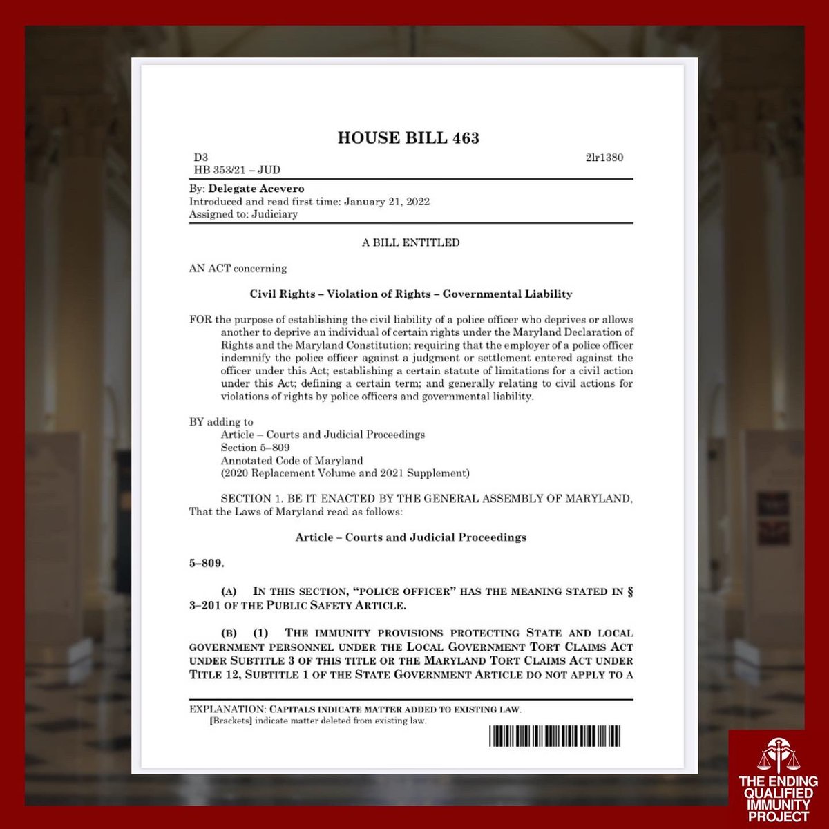 EndGovImpunity's tweet photo. 🚨HAPPENING TODAY: The #Maryland Judiciary Committee will go into session at 3:30 PM. A bill hearing is scheduled for #HB463 legislation introduced by Maryland State Delegate @GabrielAcevero to #EndQualifiedImmunity
📲Watch the proceedings here: https://t.co/k8G0pwXQet https://t.co/ZjSRujO1eX