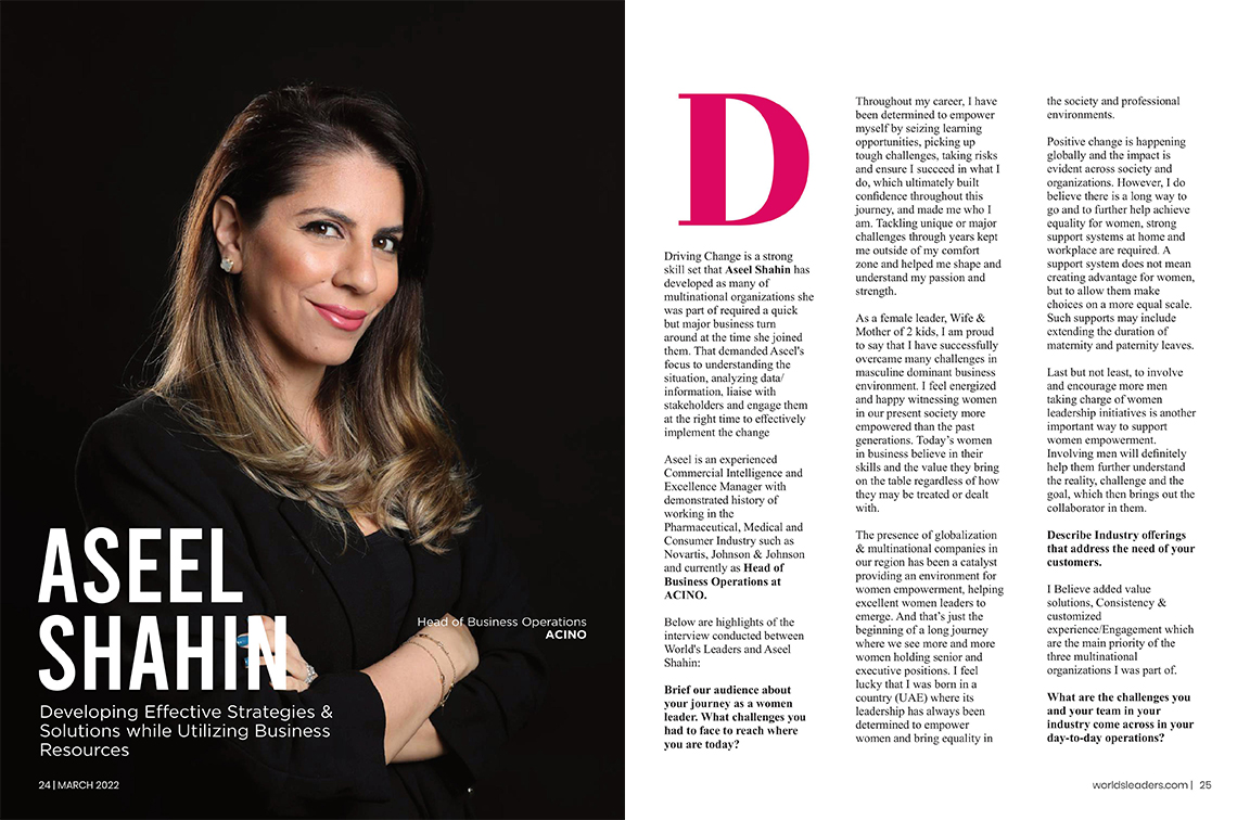 worlds_leaders's tweet photo. Aseel Shahin, Head of Business Operations of Acino, featured in our latest edition, "World's 10 #Businesswomen Making an Impact and Leading Change in 2022".
Digital Link: https://t.co/YnvpQZQc4s
#AseelShahin #ACINO #womensdayspecial #internationalwomensday #womeninleadership https://t.co/omzZ2oLTAU