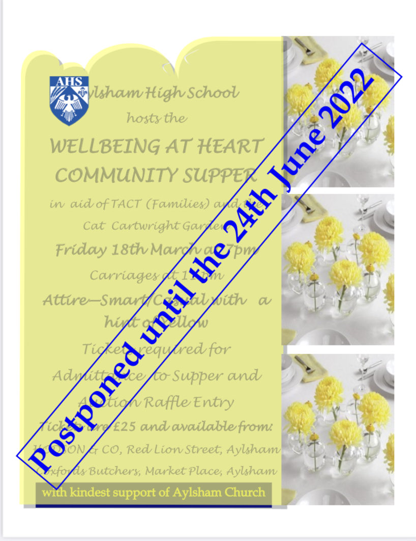 Unfortunately we have had to reschedule our Well-being supper ⁦@aylshamhigh⁩ but we have another date 24 June please join us for a great event supporting ⁦@TACTrust⁩ & The Cat Cartwright garden. ⁦@aylshamchurch⁩ ⁦@charlieboychef⁩ ⁦@CoxfordsButcher⁩