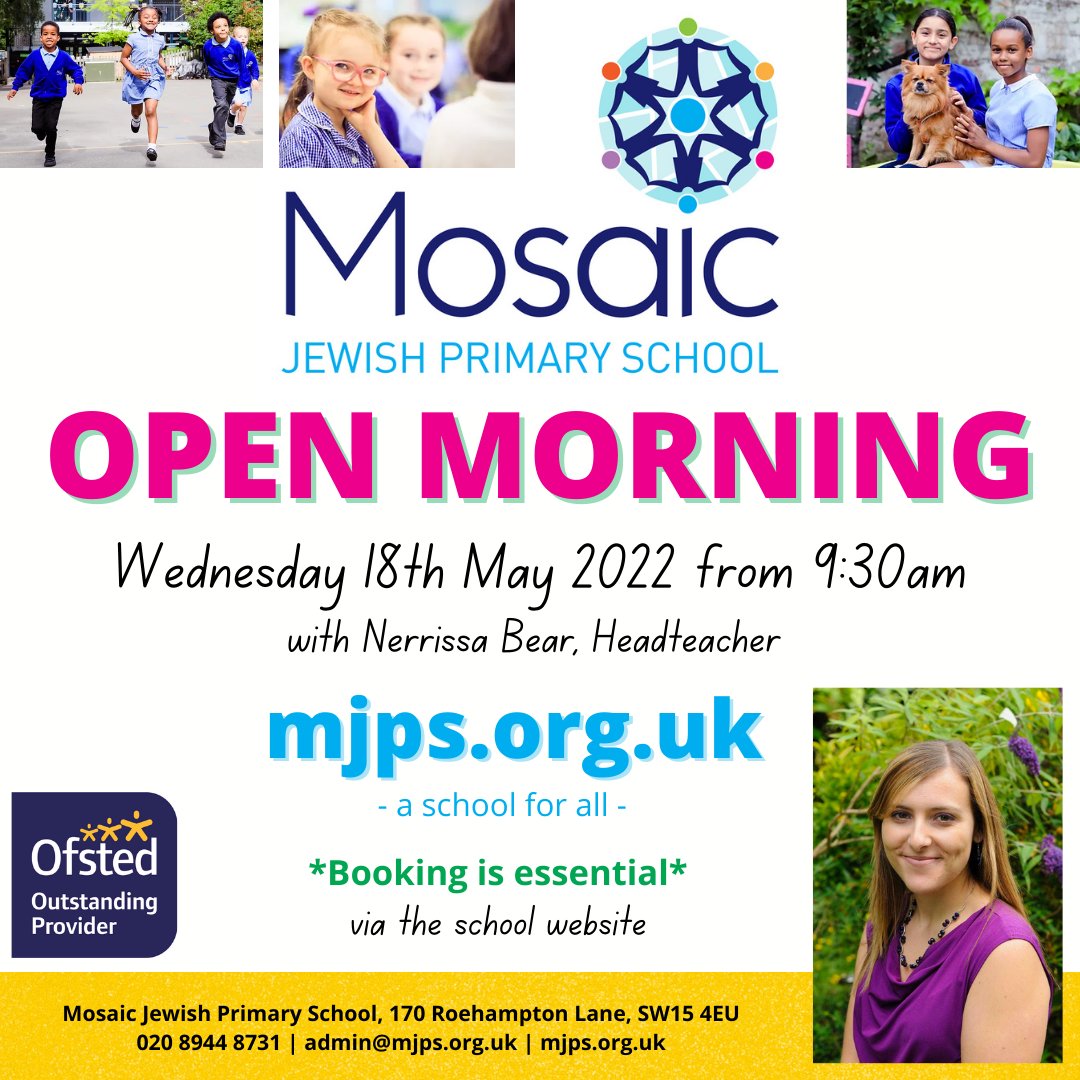 Mosaic Jewish Primary School (@jewishmosaic) on Twitter photo Our next Open Morning is on Wednesday 18th May - please do book to see our wonderful school for yourself. We also offer personal tours and nursery group visits, email admin@mjps.org.uk. Please share with friends and family. Our next Open Morning is on Wednesday 18th May - please do book to see our wonderful school for yourself. We also offer personal tours and nursery group visits, email admin@mjps.org.uk. Please share with friends and family.