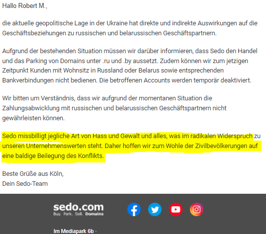 RobbiMaier's tweet photo. @SedoDE Diese Mitteilung finde ich sehr, sehr schwach: generelles BlaBla (wer ist denn nicht gegen Hass und Gewalt?) anstatt den Aggressor, Kriegstreiber und Kindermörder klar zu benennen. https://t.co/mWnFEzaQ89