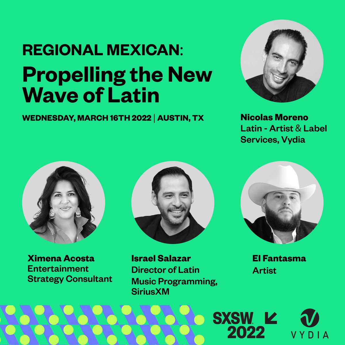 Join us at @sxsw 2022 for our panel 'Regional Mexican: Propelling the New Wave of Latin'. This riveting discussion will explore the impact and trajectory of the sub-genre, from the perspective of industry experts. #PoweredbyVydia #SXSW22

RSVP here: cart.sxsw.com/?_ga=2.1550361…