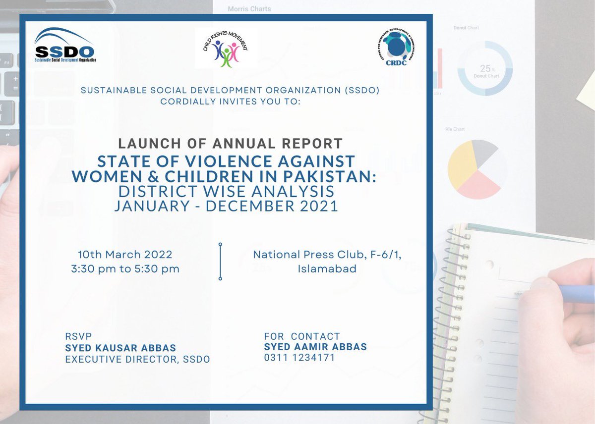 SSDOPakistan's tweet photo. SSDO to launch “Annual Tracking Numbers 2021”on “State of Violence Against Women &amp; Children” in Pakistan today. The report contains district level analysis of 08 different indicators of VAW &amp; Children. #SSDOTrackingNumbers #ViolenceAgainstWomen #IWD @MalBokhari @CRMPakistan https://t.co/v8GSn0ANYv