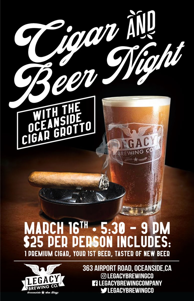 We're very excited to announce  🎉 Cigar &amp; Beer Night! March 16th • 5:30 - 9 pm $25 Per person Includes: • 1 Premium Cigar, • Your 1st Beer, • Taster of new beer Food by @ribshacktruck Music By Matt Maccoy Click here for tickets!!. Join us next ...