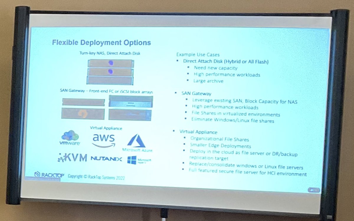 #SFD23 @RackTop has a flexible deployment model.  

It can even front other vendors NAS to add #cyberstorage functionality.