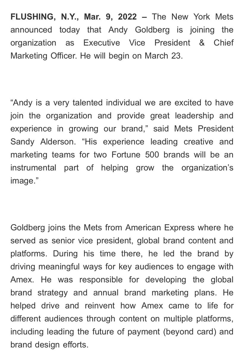 TheAppleNYM's tweet photo. the Mets have hired former AMEX exec Andy Goldberg as their new executive VP and CMO, per the organization https://t.co/9qDtfs8jwl