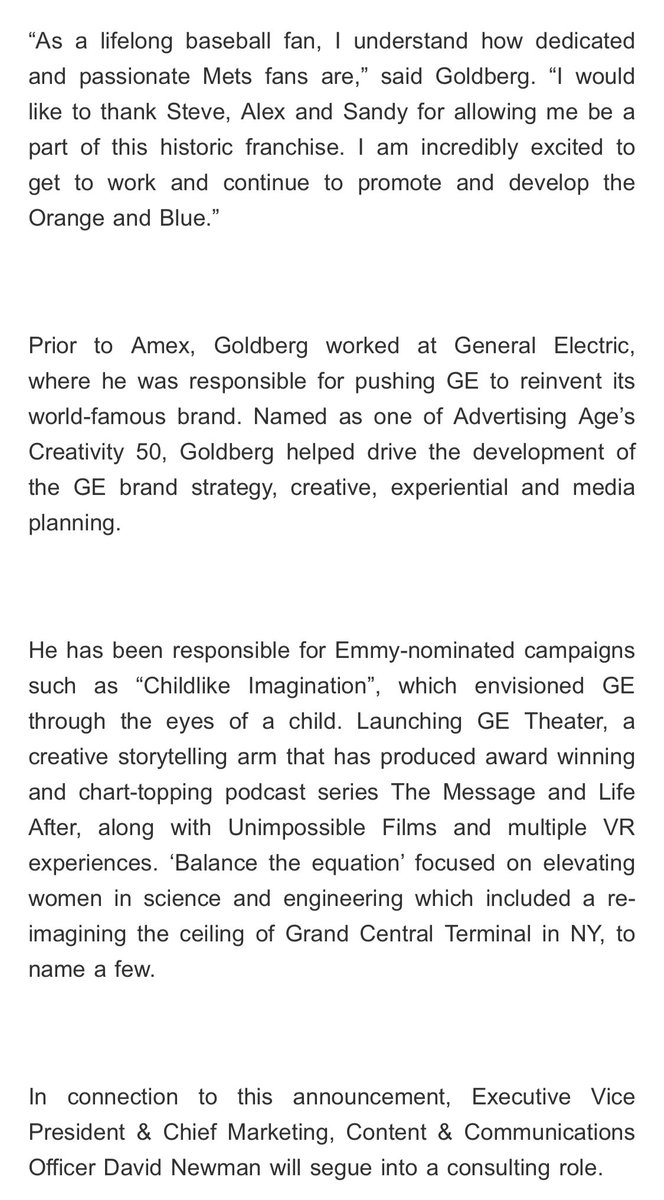 TheAppleNYM's tweet photo. the Mets have hired former AMEX exec Andy Goldberg as their new executive VP and CMO, per the organization https://t.co/9qDtfs8jwl