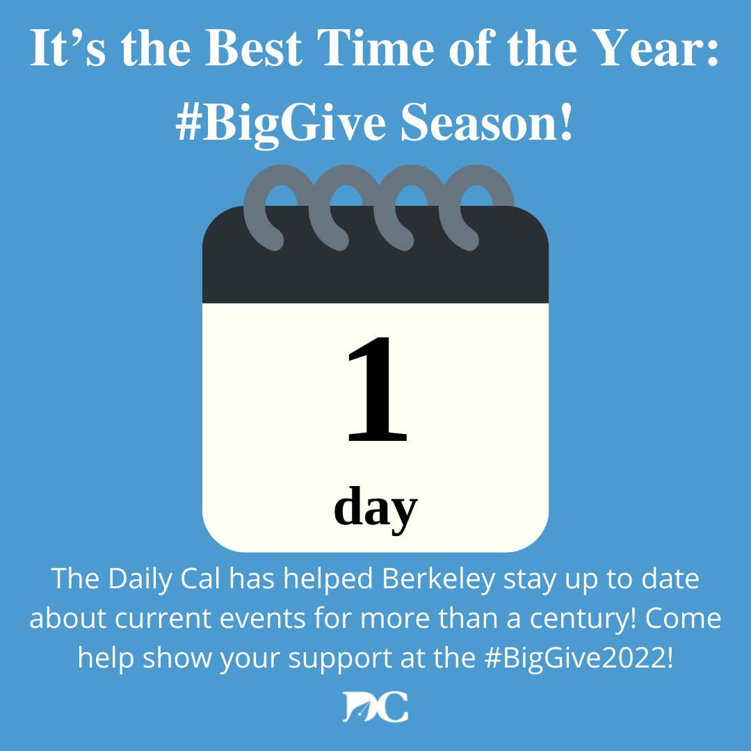 DailyCalDonate's tweet photo. Just 1 more day until #BigGive2022! Get excited to support #DailyCalBigGive by donating today at https://t.co/b9EKexKUQ1. https://t.co/tUYqFTctzr