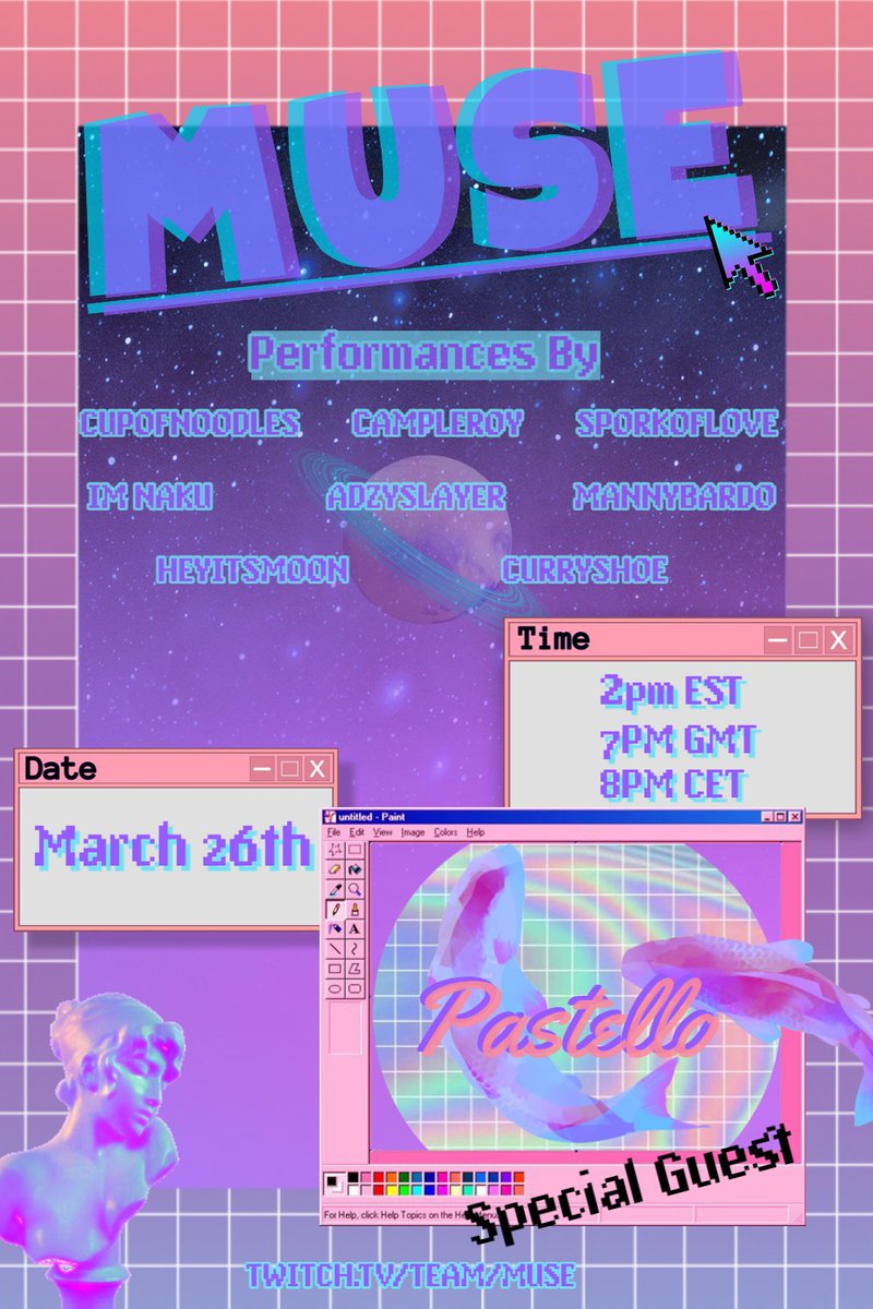 AdzySlayer's tweet photo. The next MUSE Concert will be taking place on the 26th of March at 7pm GMT 2pm Eastern time!

Starring:
@SporkOfLove 
@CampLeroy1 
@MannyBardo 
@im_naku 
@CupOfNoodlesVRC 
@curryshoe 
@HeyItsMoon_ 
And special guest: Pastello!

Want to be there? SIGN UP!
https://t.co/lnLpshpoyK https://t.co/uBabrgpoiB