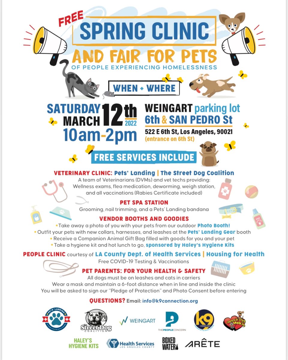 WeingartCenter's tweet photo. The free SPRING CLINIC & FAIR for pets of people experiencing homelessness will return on Saturday, March 12, at 10AM in the Weingart Center parking lot. #petsofla #petsoflosangeles #dtla #homeless https://t.co/8We1kw1WcL