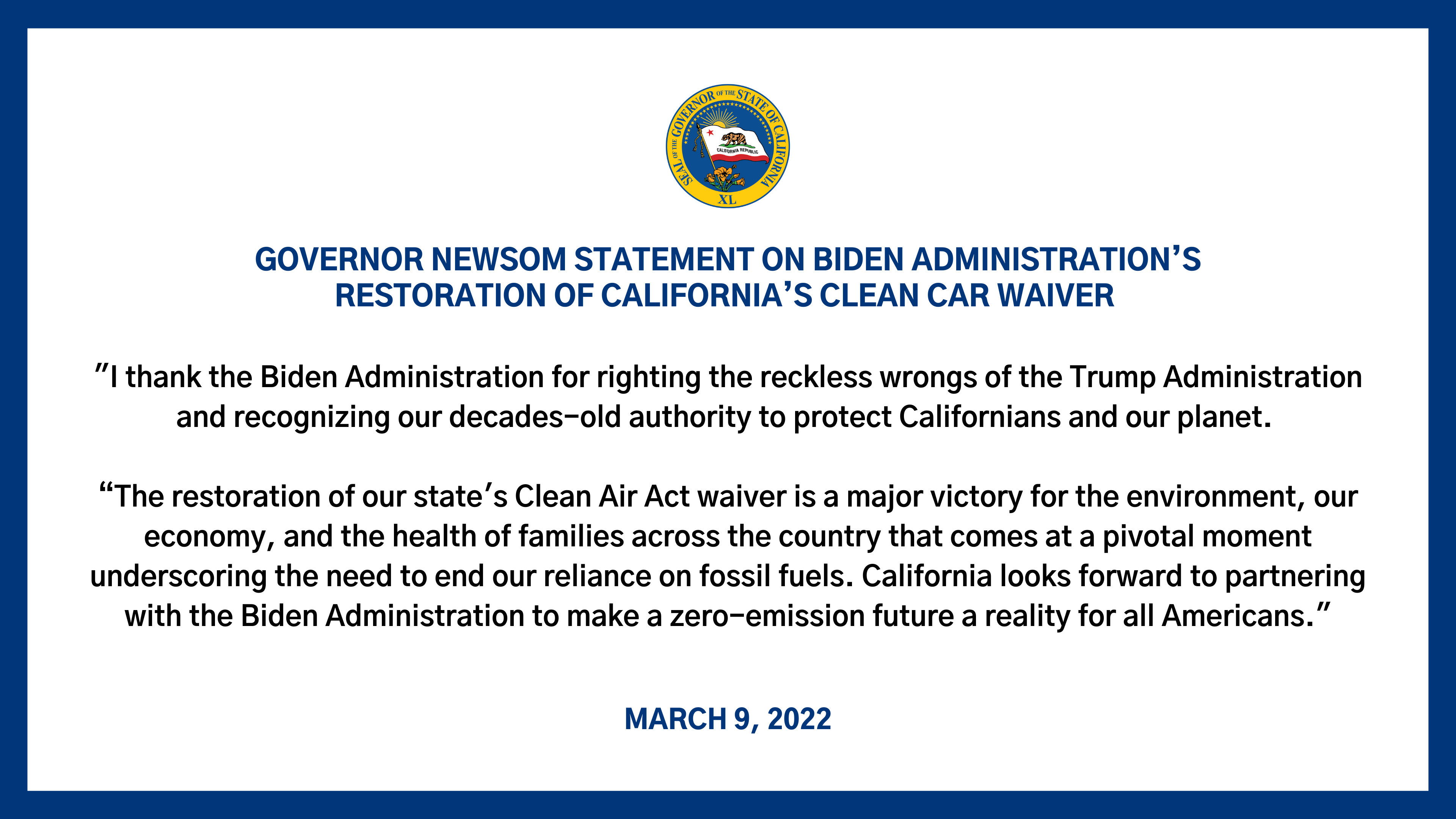 California Governor on X The restoration of our Clean Air Act waiver is a major victory. CA can now continue our groundbreaking leadership in forging a clean transportation future as momentum for