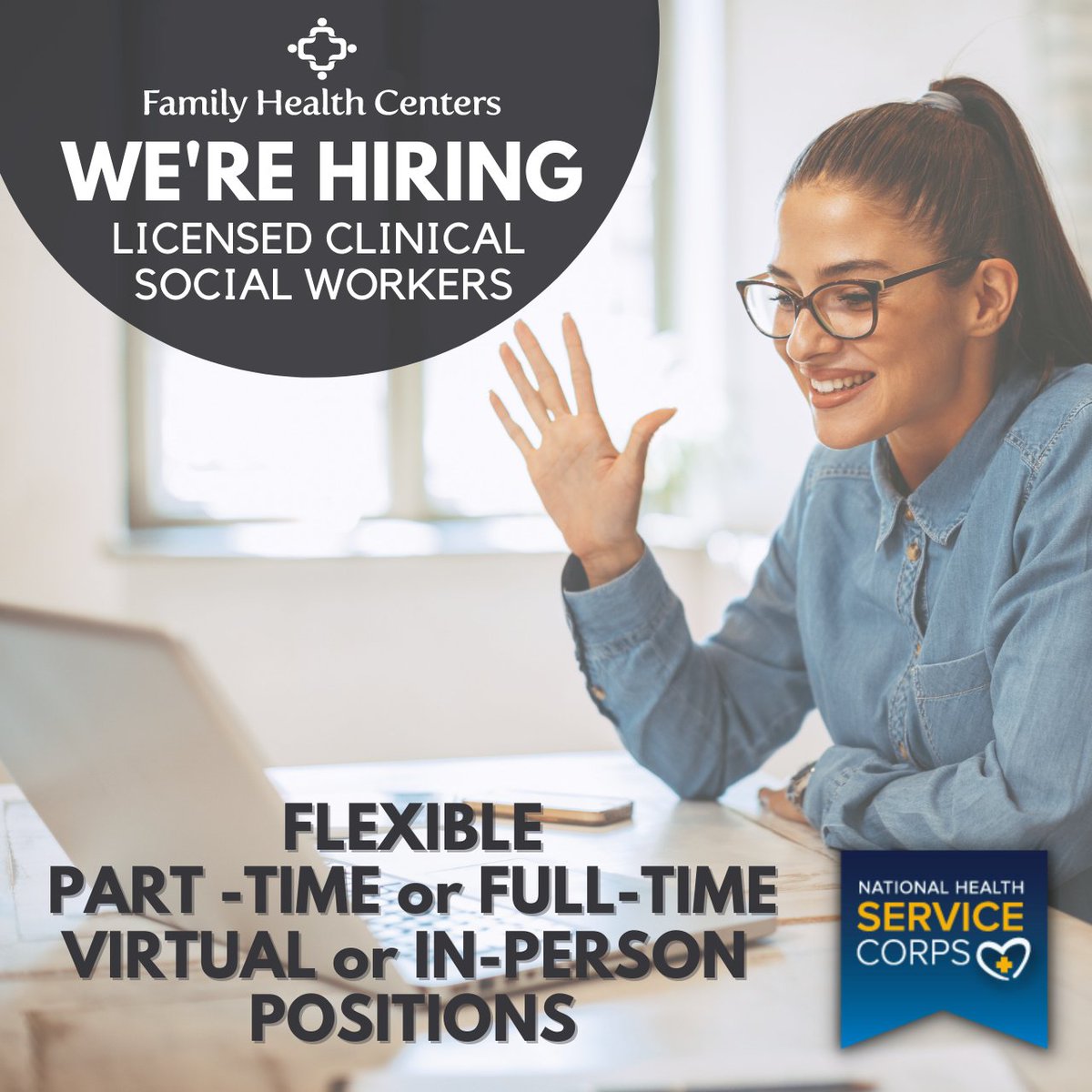 NOW HIRING: We're seeking a Licensed Clinical Social Worker who will provide #mentalhealth, substance abuse &amp; health behavior change consultation in primary care, pediatrics, women’s health &amp; dental clinics of Family Health Centers. #communityhealthcenters
#hiring #socialworkers
