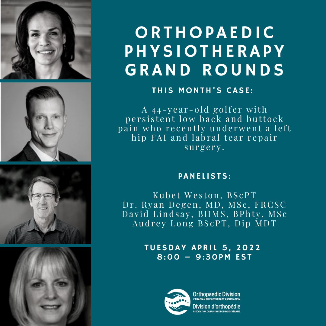 Grand Rounds is back! This month's case has a 🔥  lineup of panelists discussing a golfer w/ persistent low back and buttock pain and recent hip FAI and labral tear repair surgery. 

For full details and registration, head to cpa.embodiaapp.com/webinars/623-o…

#orthodiv #grandrounds
