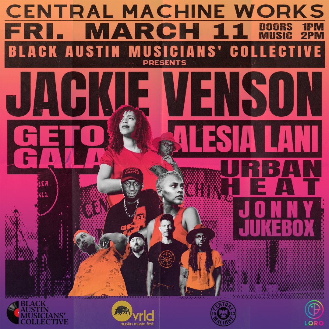 ovrld music (@ovrld) on Twitter photo This Friday we’re teaming up with <a href="/blkatxmusicians/">Black Austin Musicians' Collective</a> for an awesome showcase at Central Machine Works featuring <a href="/jackievenson/">Jackie Venson</a> <a href="/jonnyjukeboxx/">𝗝𝗢𝗡𝗡𝗬 𝗝𝗨𝗞𝗘𝗕𝗢𝗫 ★🎮</a> <a href="/urbanheatband/">Urban Heat</a> <a href="/AlesiaLani/">lani tsunami 🌊</a> and Geto Gala! Don’t miss out! eventbrite.com/e/bamc-unoffic… This Friday we’re teaming up with <a href="/blkatxmusicians/">Black Austin Musicians' Collective</a> for an awesome showcase at Central Machine Works featuring <a href="/jackievenson/">Jackie Venson</a> <a href="/jonnyjukeboxx/">𝗝𝗢𝗡𝗡𝗬 𝗝𝗨𝗞𝗘𝗕𝗢𝗫 ★🎮</a> <a href="/urbanheatband/">Urban Heat</a> <a href="/AlesiaLani/">lani tsunami 🌊</a> and Geto Gala! Don’t miss out! eventbrite.com/e/bamc-unoffic…