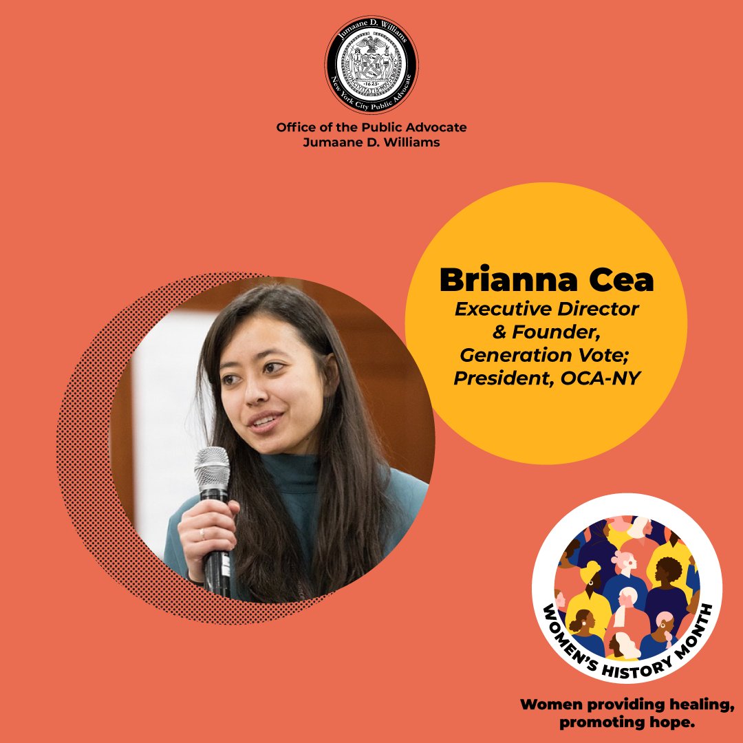 nycpa's tweet photo. A skilled youth organizer and voting rights advocate, @BriannaCea of @GenVoteUS and @OCANewYork is passionate about empowering young people in the political process and expanding youth #VotingRights. She also helped bring about NYS voter reform laws! 
#WHMNYC #WomensHistoryMonth https://t.co/u5soeDP6hn