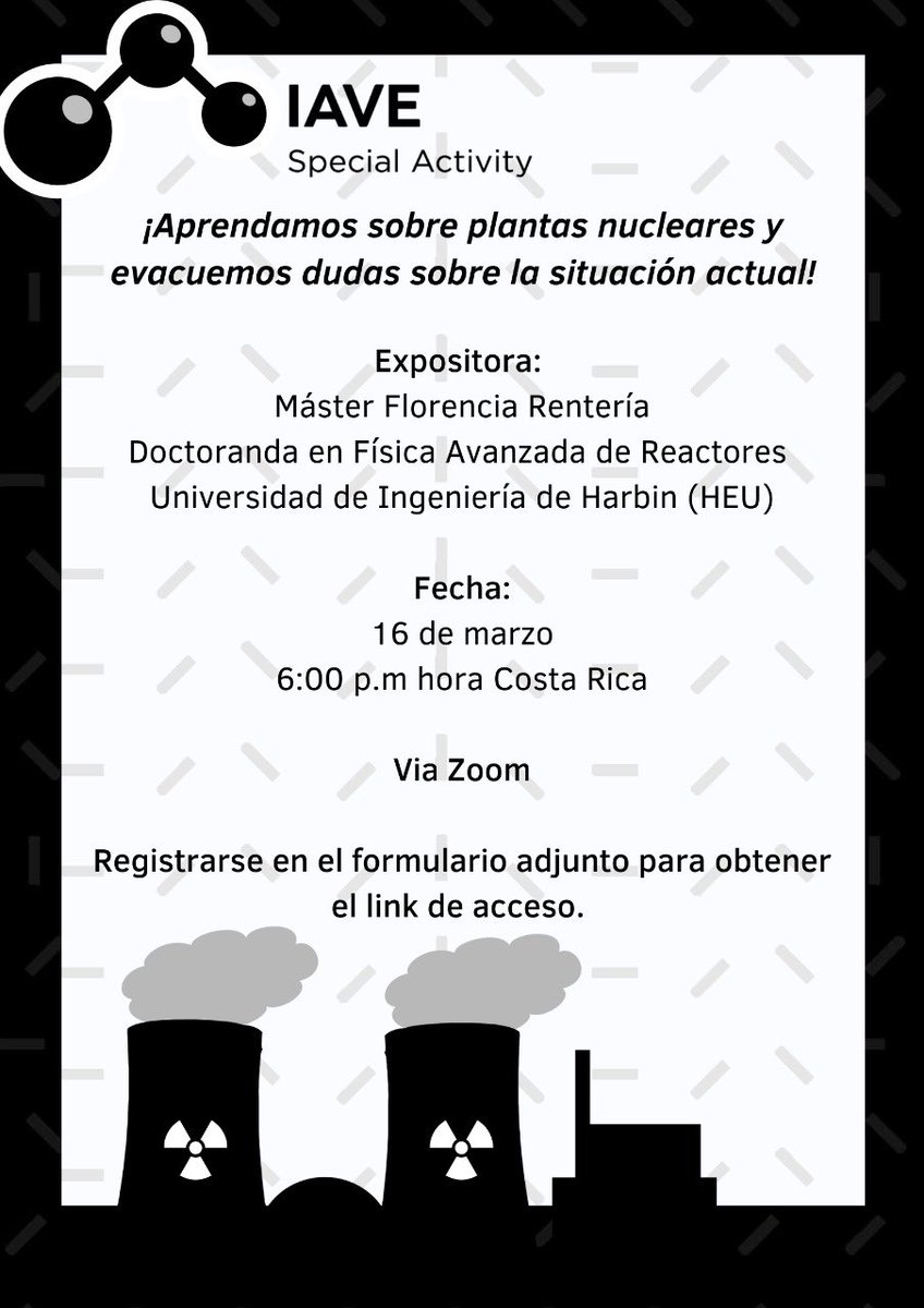 iavenetwork's tweet photo. Charla para público general sobre plantas nucleares ☢️ Veremos aspectos básicos sobre su funcionamiento y habrá oportunidad de aclarar dudas y miedos sobre la situación actual de las plantas nucleares en Ucrania 🇺🇦 

https://t.co/iaPar989ss https://t.co/NICW4PGKl6