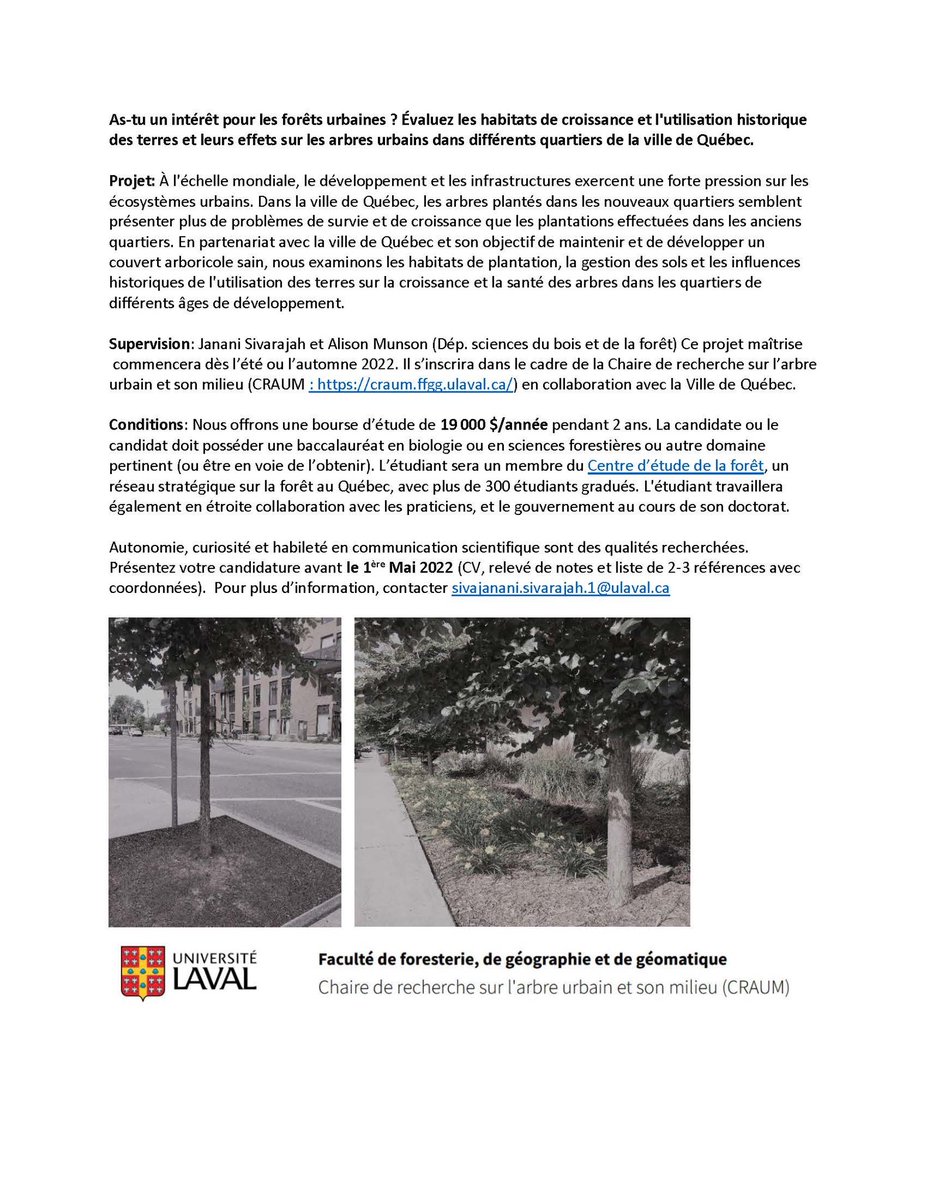 JananiSivarajah's tweet photo. Exciting NEW masters project w/ @ChaireCRAUM @universitelaval available. In partnership w/ Quebec City, come join us @MunsonAlison and I, to assess growing habitats and historical land uses and their effects on #urbantrees in different neighbourhoods. More info in french &amp; Eng ⬇️ https://t.co/zQQOWxlJD7