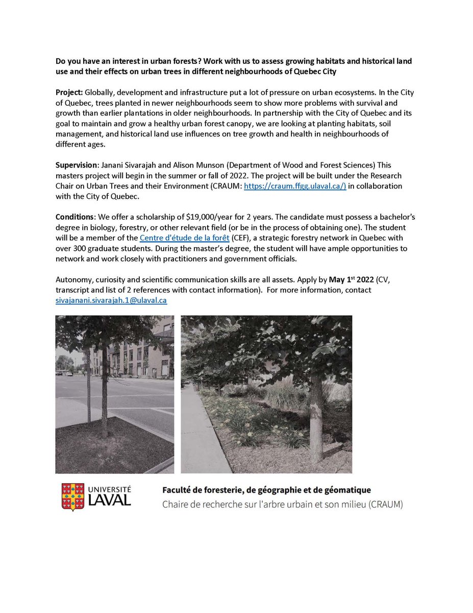 JananiSivarajah's tweet photo. Exciting NEW masters project w/ @ChaireCRAUM @universitelaval available. In partnership w/ Quebec City, come join us @MunsonAlison and I, to assess growing habitats and historical land uses and their effects on #urbantrees in different neighbourhoods. More info in french &amp; Eng ⬇️ https://t.co/zQQOWxlJD7