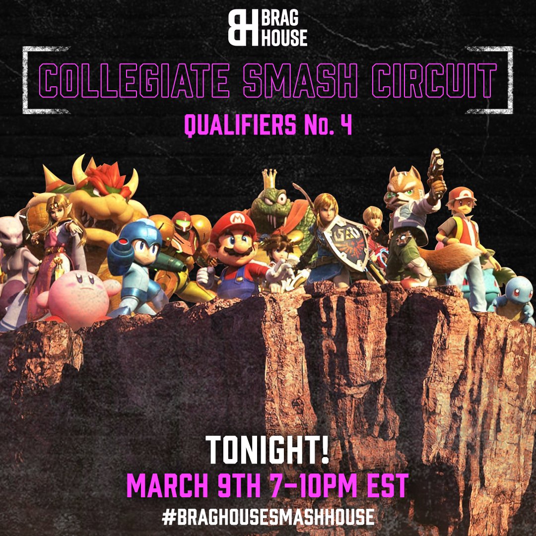Brag House (@braghouse) on Twitter photo Will we see another winning Texas team in the <a href="/CollegiateSmash/">Collegiate Smash Brothers</a> Circuit? 
Place brags on your favorite team on the BH app and join us at 7PM EST for #BragHouseSmashHouse #BragOn
📺➡️twitch.tv/BragHouse
Bracket: challonge.com/BragHouseQual4 Will we see another winning Texas team in the <a href="/CollegiateSmash/">Collegiate Smash Brothers</a> Circuit? 
Place brags on your favorite team on the BH app and join us at 7PM EST for #BragHouseSmashHouse #BragOn
📺➡️twitch.tv/BragHouse
Bracket: challonge.com/BragHouseQual4