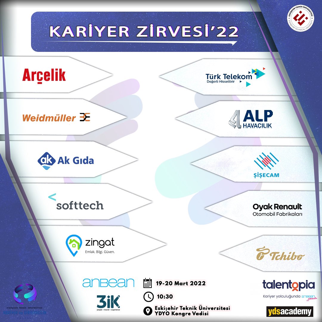 Kariyer ve girişimcilik kulübü olarak 19-20 Mart tarihlerinde Eskişehir Teknik Üniversitesi YDYO Kongre Vadisi’nde düzenleyecek olduğumuz Kariyer Zirvesi’nde deneyimlerini bizimle paylaşacak olan firmalar karşınızda! Hepinizi bekliyoruz 🥳

#estü
#eskişehirtekniküniversitesi