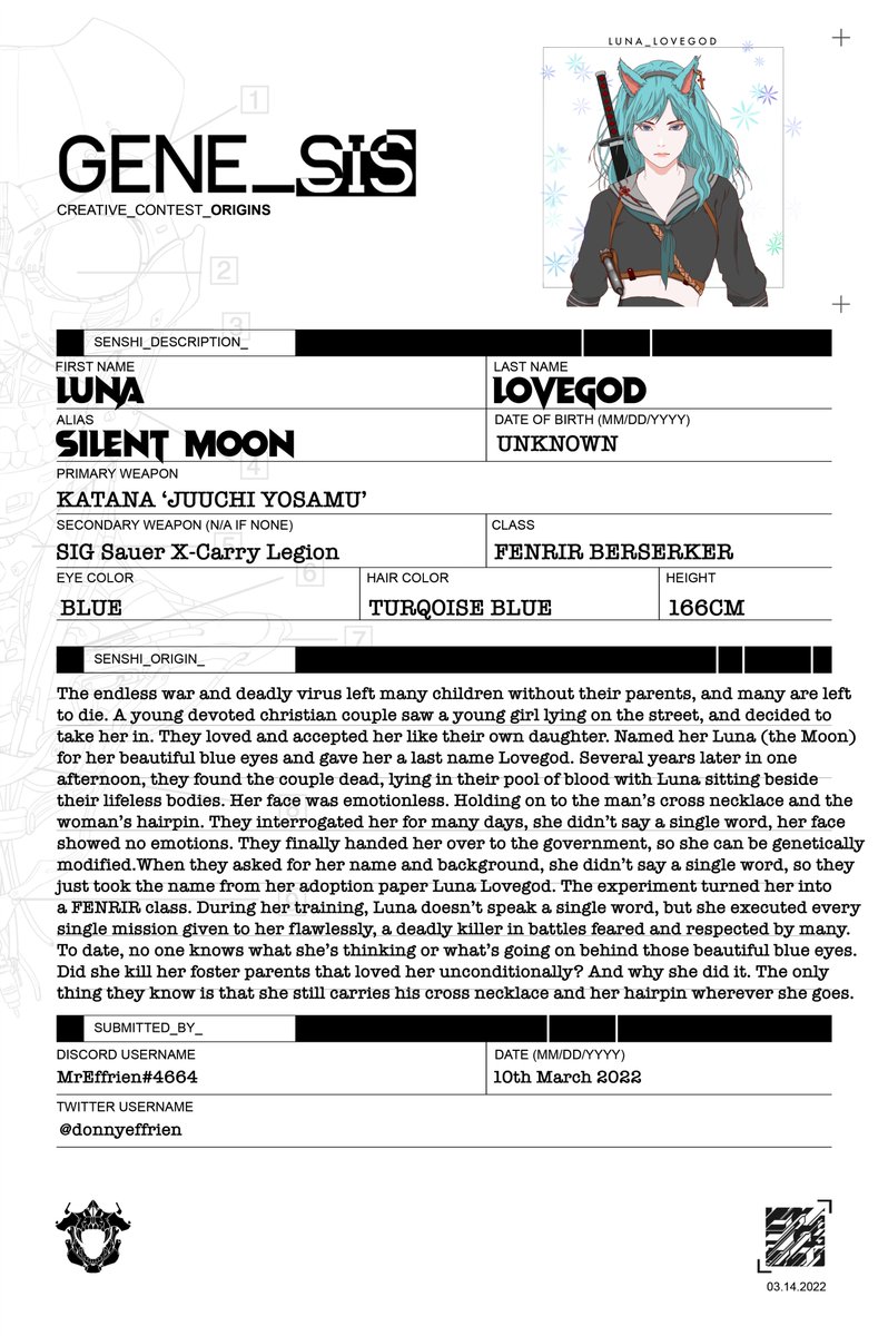 Drew my own character from <a href="/GENESIS_SENSHI/">The Girls of Armament Redirect</a> awesome art and design and made an Origin story to the character. I hope you guys enjoy it as much as I enjoyed the process of drawing and writing the story! My Discord is MrEffrien#4664 #GENE_SIS #nftart