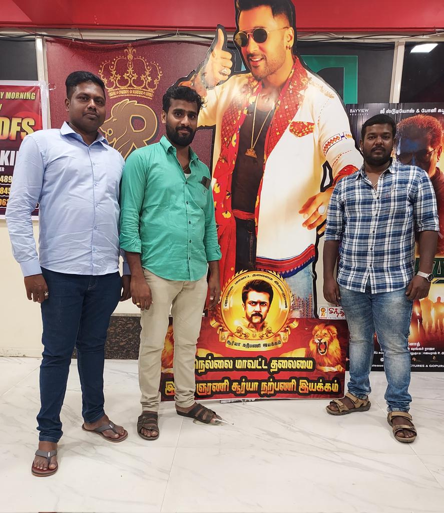 TvlSFC's tweet photo. Our Team Members took a Photo in Front of Thalaivar @Suriya_offl Selfie 🤳 Stand @RamCinemas 
#TVLDistHeadSFCYouthWing 
@siva_anjaan 
@martindaniel082 
@TheMohanSays 

#EtharkkumThunindhavanFromToday https://t.co/hbClwyYgiU