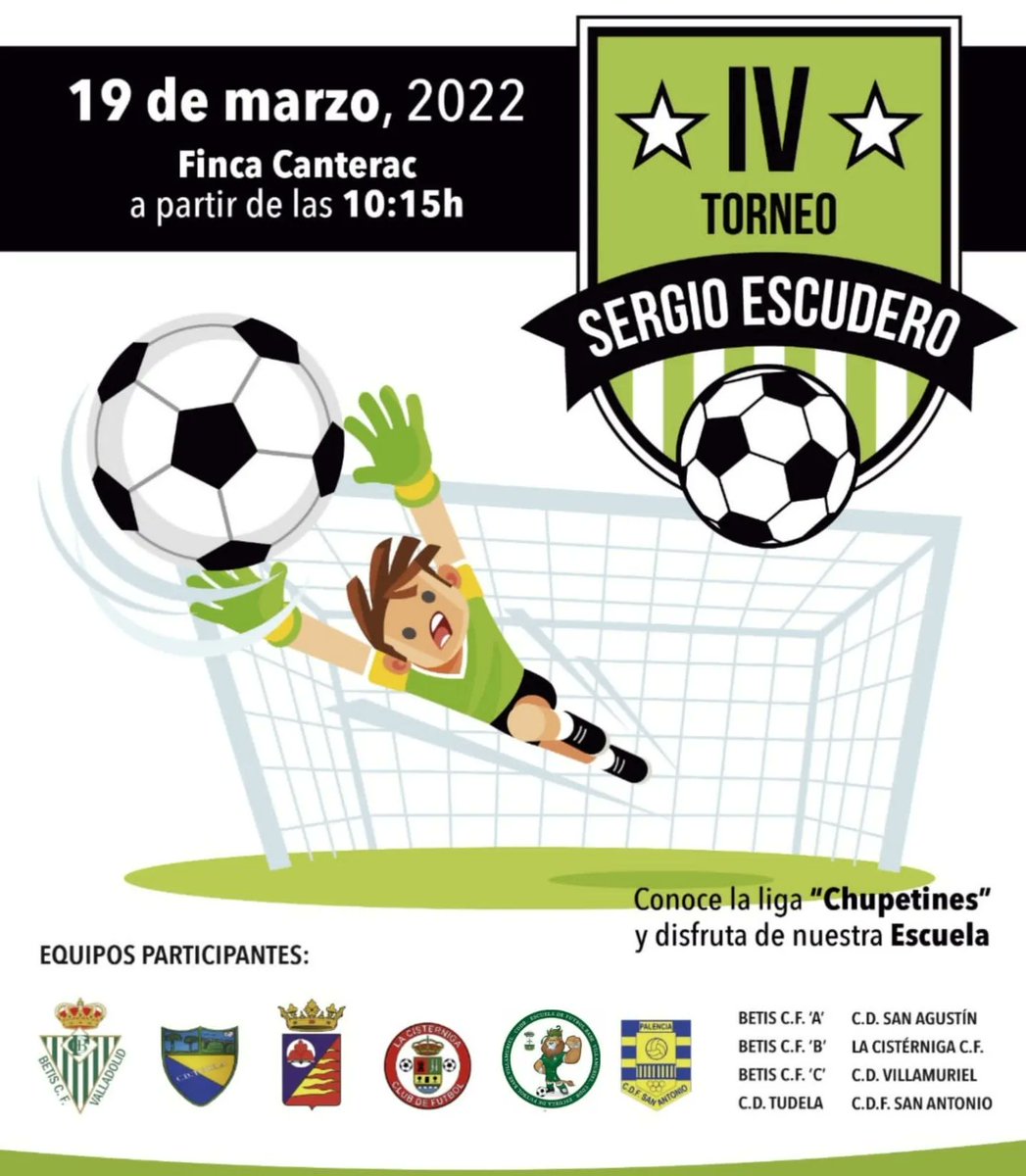 Nuestros chupetines se desplazarán el próximo sábado día 19 de Marzo, hasta Valladolid, para disputar el IV Torneo Sergio Escudero, organizado por el BETIS C.F. Valladolid  a los que agradecemos,una vez más, su invitación. 
💚💚#elverdeapasiona💚💚