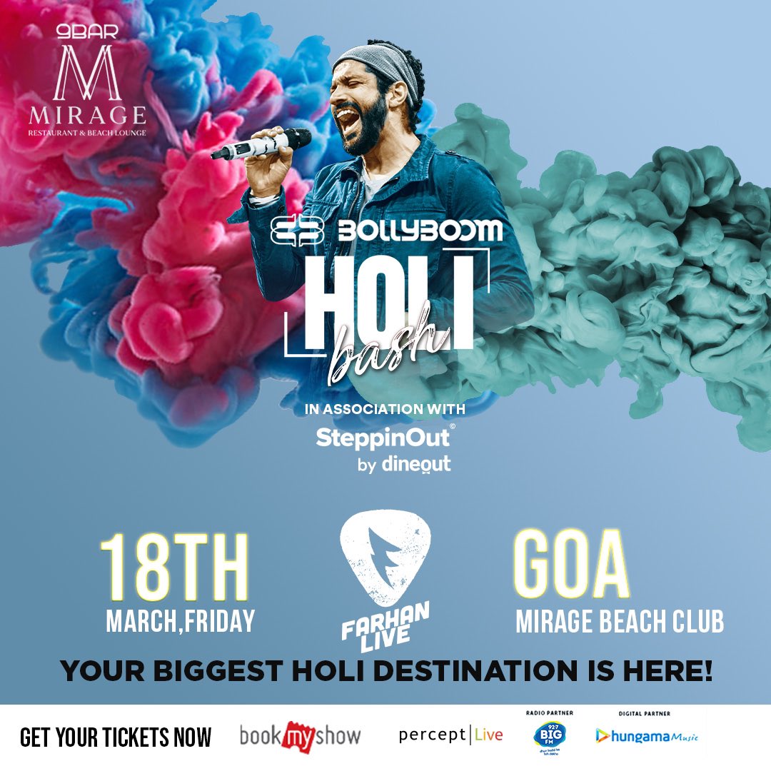 We’re thrilled to announce India’s BIGGEST HOLI DESTINATION for 2022!!

Paint the world red on Saturday, 18th March with <a href="/FarOutAkhtar/">Farhan Akhtar</a> and his <a href="/FarhanLiveBand/">Farhan Live</a> only at Mirage Beach Club, Goa. 

Book your Tickets on <a href="/bookmyshow/">BookMyShow</a> 
<a href="/PerceptEMC/">Percept</a> 
#farhanlive #farhanakhtar