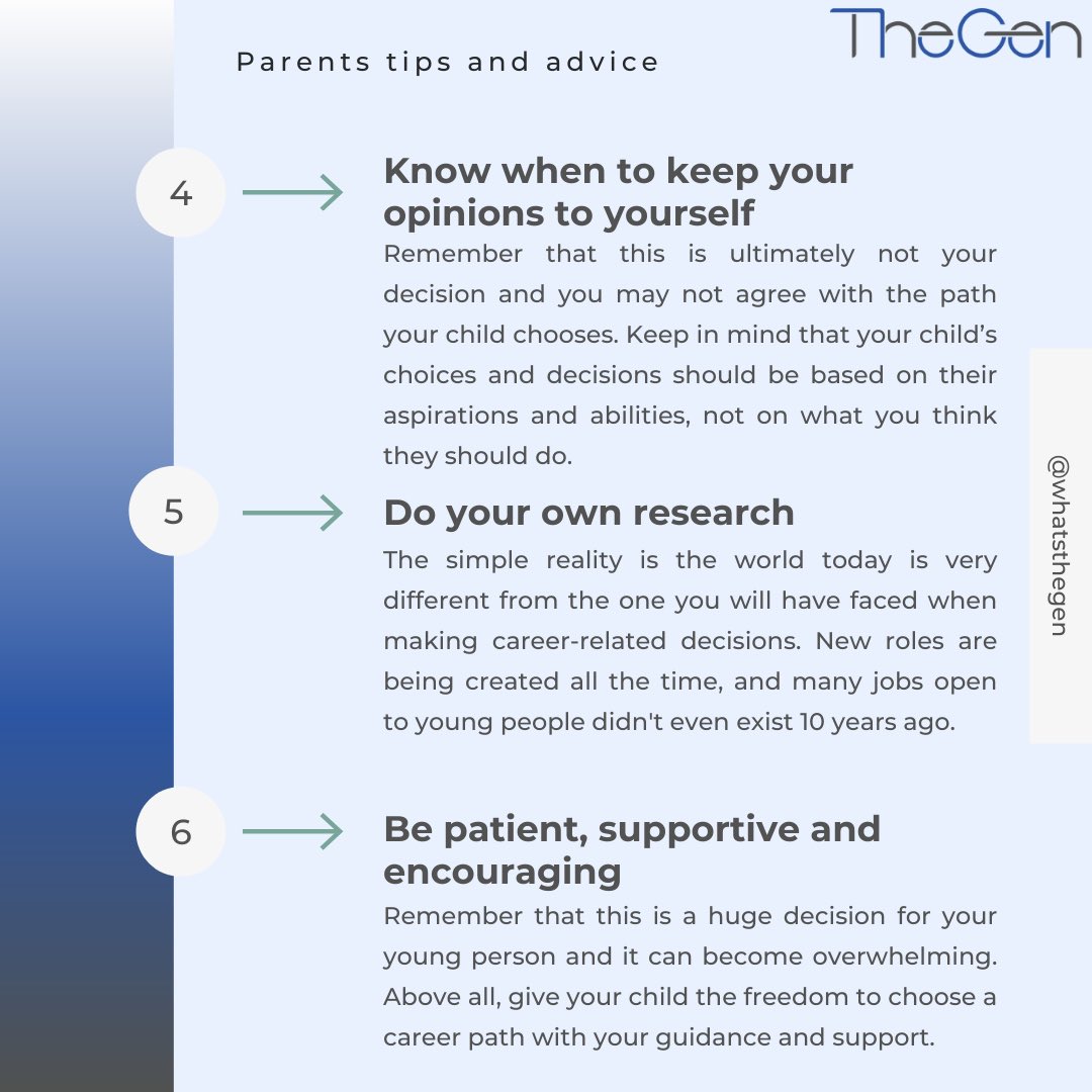 WhatsTheGen's tweet photo. It’s day 3️⃣ of National Careers Week!

📌6 ways to support a young person with choosing their career

#nationalcareersweek #ncw22 #career #careeradvice #careerdevelopment #careergoals #advice #tips #parentingtips #parentadvice https://t.co/ITozrM0CFX