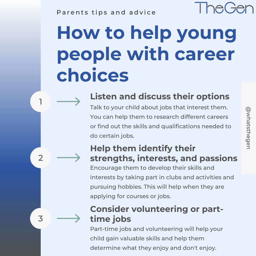 WhatsTheGen's tweet photo. It’s day 3️⃣ of National Careers Week!

📌6 ways to support a young person with choosing their career

#nationalcareersweek #ncw22 #career #careeradvice #careerdevelopment #careergoals #advice #tips #parentingtips #parentadvice https://t.co/ITozrM0CFX