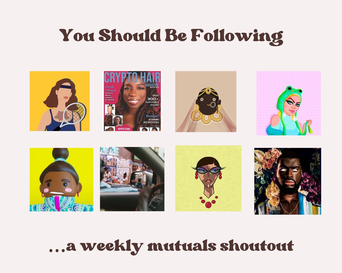 afrochicksnft's tweet photo. There are so many talented creators who follow me!
Introducing a weekly "You Should Be Following!" thread & newsletter of my talented mutuals💜
This week ft:
@SolidWomenClub @vanshikaNFT @ZarahCharm @iamchezzafaux @whyyouaskn @Sophiibn @AfroPunkNFT @Chiebuniem_
#YSBF https://t.co/4pdNXuHdhW