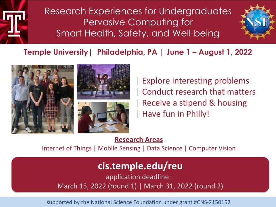ProfPayton's tweet photo. Know an undergrad in computing looking for a summer research opportunity? Please encourage them to apply to our REU Site at Temple University! Projects on pervasive computing for smart health &amp; well-being. Stipends + housing + travel. Apply: https://t.co/ccE5o9A8To https://t.co/s7UVQJqYpN