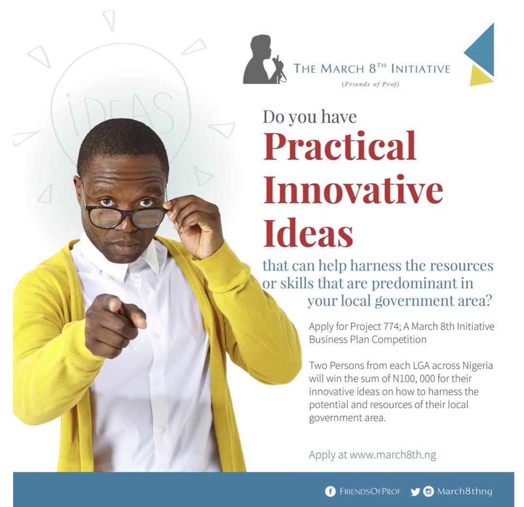 bellanaija's tweet photo. The March 8th Initiative announces a community-focused Business Plan Competition targeting young entrepreneurs and researchers who are able to exhibit the comparative advantage in their respective LGAs.

Read more: https://t.co/LEjLZsqeGY

#friendsofprof

*SC https://t.co/rltFRHBwNX