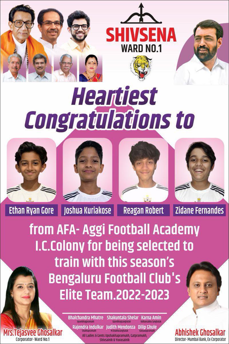 a_vghosalkar's tweet photo. We are glad to announce that our I. C. Colony Boys from AFA, the Aggi Football Academy have been selected for training with the Bengaluru Football clubs Elite team for 2022-23*We wish them a very successful season*
*#ICColony #bmcWard1update https://t.co/uQH79RJkhP