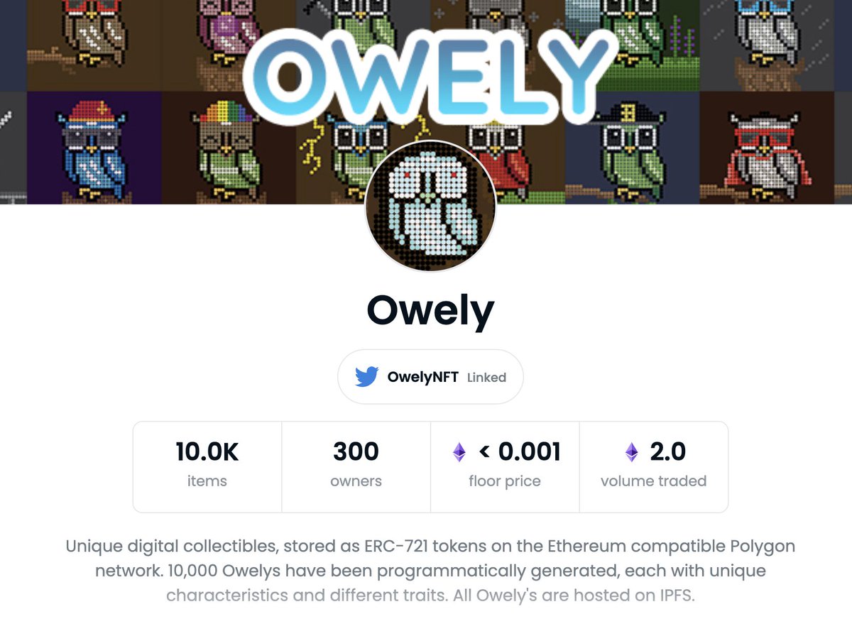 OwelyNFT's tweet photo. 300 Owners! 🦉🔥 HOOT! HOOT!
Thanks so much to all the amazing collectors!
https://t.co/4ZfxAXfOj5

#NFTshill #PixelArt #OpenSea #PolygonNFT #Polygon #NFTartist #NFTcollector #NFTCommunity #NFTs #NFTfamily @OwelyNFT https://t.co/3xb8HDYhNc