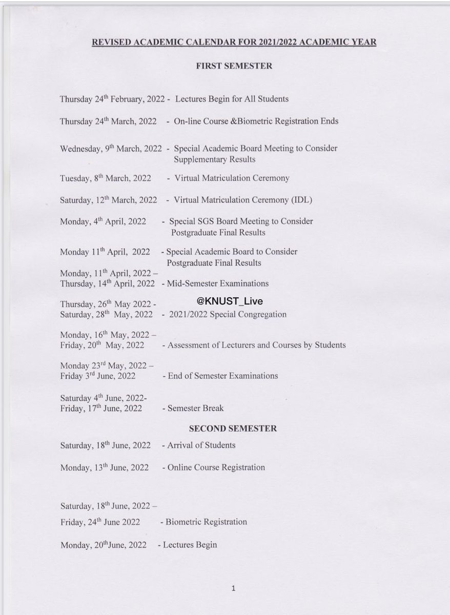 asecglobal's tweet photo. ‼️KNUST Revised 2021/22 Academic CALENDAR
📍Mid-semester examinations scheduled for Mon, April 11 - Thu April 14, 2022.
📍First semester break; 4th June - 17th June, 2022.
#hypercitigh https://t.co/XdhYAx1D8F