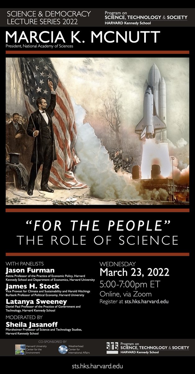 Come join us for the next Science and Democracy Lecture with Marcia K. McNutt (President, National Academy of Sciences) on 'For the People' The Role of Science March 23rd Virtual Register here mailchi.mp/hks.harvard.ed…